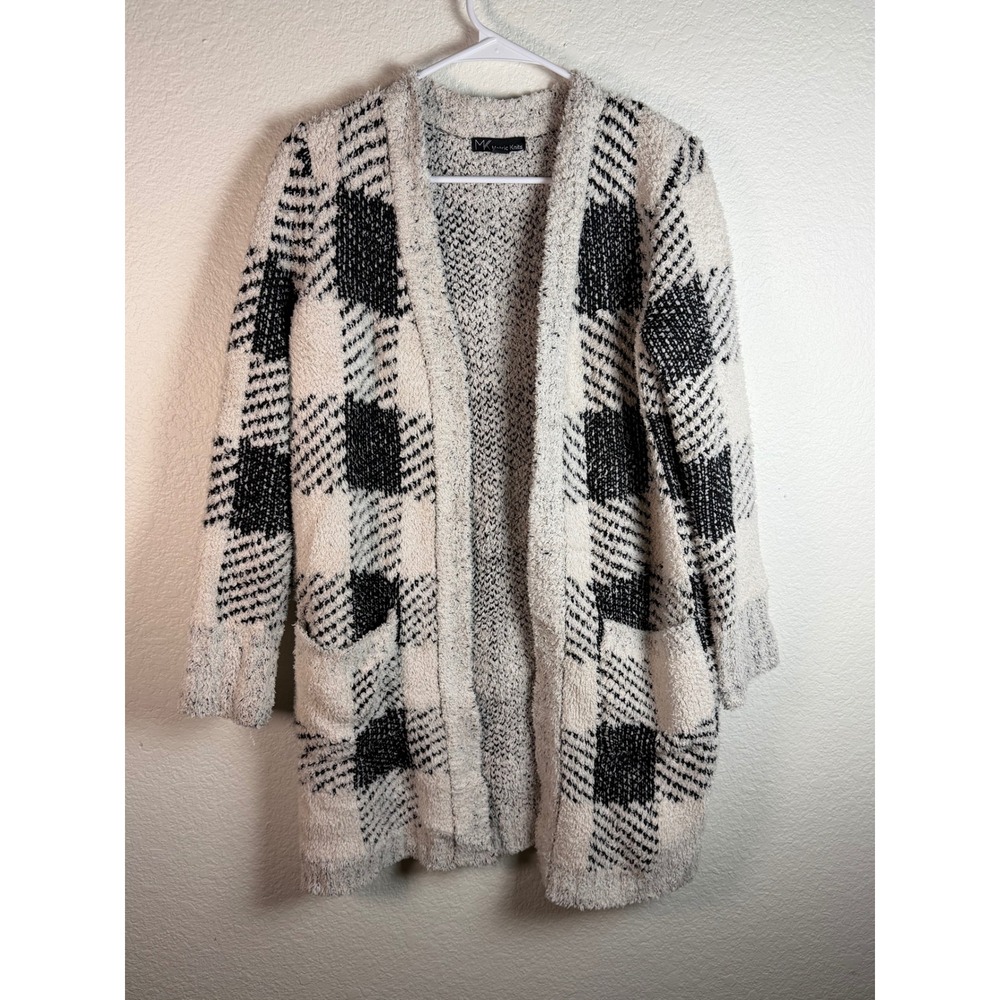 METRIC KNITS Cardigan Womens S Black White Plaid Fuzzy Open Front Long Pockets